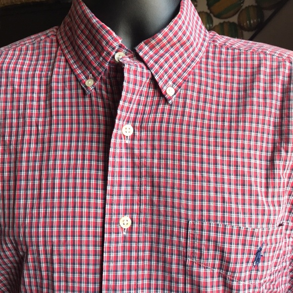 🚨B2G1 POLO RALPH LAUREN Red Blue White Striped Short Sleeve Cotton Button Up - Picture 1 of 4